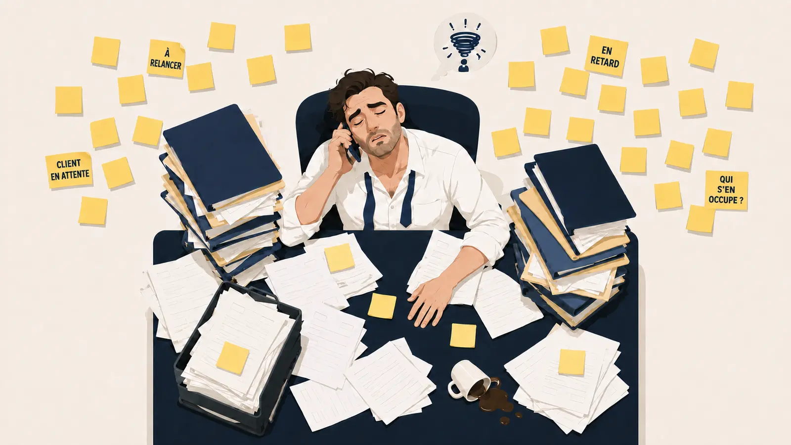 Avant : un bureau débordé, dossiers empilés, post-it partout, dirigeant épuisé au téléphone